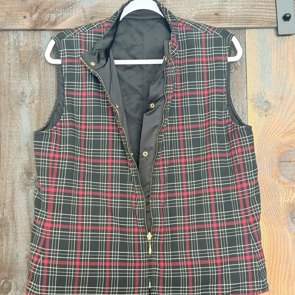 St. John Sport Women's Reversible Full Zip Vest Red Plaid Black Size Large